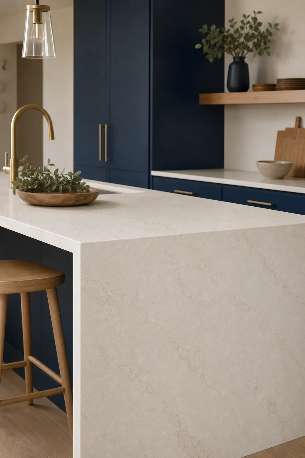 Modern kitchen with a bright custom countertop and waterfall island