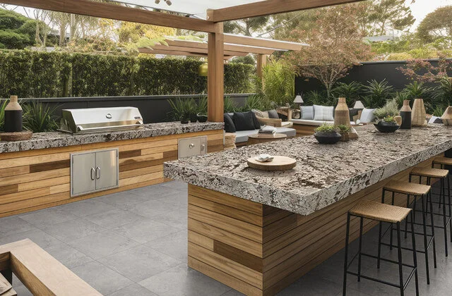 Natural granite countertops installed in an outdoor kitchen