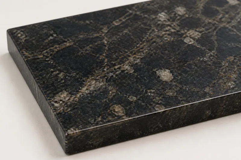 Dark granite countertop sample with natural mineral patterning