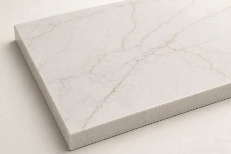 Cream quartz countertop sample with fine warm veining