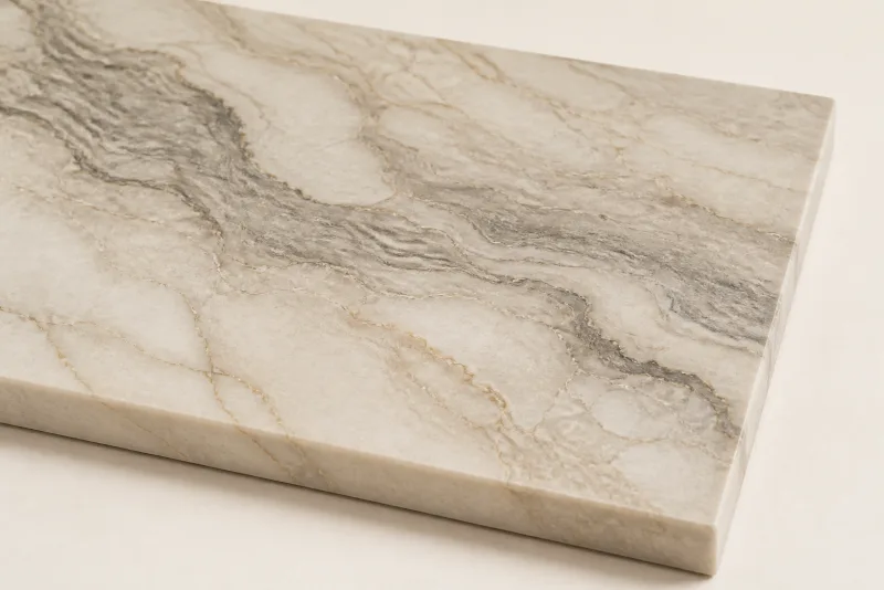 Ivory quartzite countertop sample with gray and gold movement